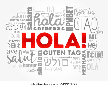 Hola! (Hello Greeting in Spanish) word cloud in different languages of the world, background concept