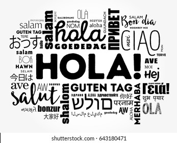 Hola! (Hello Greeting in Spanish) word cloud in different languages of the world, background concept