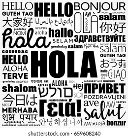 Hola (Hello Greeting in Spanish) word cloud in different languages of the world, background concept