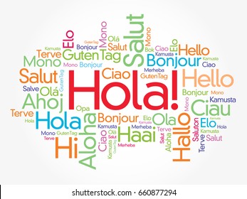 Hola (Hello Greeting in Spanish) word cloud in different languages of the world, background concept