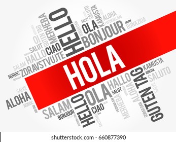 Hola (Hello Greeting in Spanish) word cloud in different languages of the world, background concept