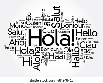 Hola (Hello Greeting in Spanish) word cloud in different languages of the world, background concept