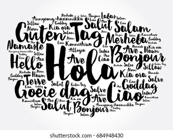 Hola (Hello Greeting in Spanish) word cloud in different languages of the world, background concept