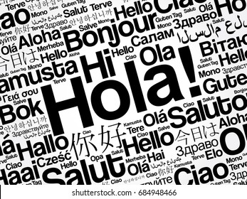 Hola (Hello Greeting in Spanish) word cloud in different languages of the world, background concept