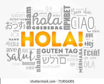 Hola! (Hello Greeting in Spanish) word cloud in different languages of the world, background concept