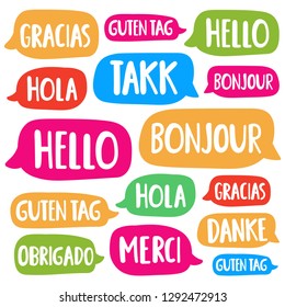 Hola, hello, guten tag, bonjour, gracias, obrigado, merci, danke. Translation, bilingual concept. Set of hand drawn vector icon illustrations on white background.