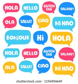 Hola, hello, hi, guten tag, ni hao, salaam, salut, bonjour. Translation concept. Set of hand drawn vector icon illustrations on white background.