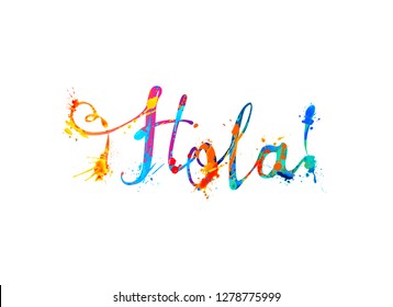 Hola. Hello in Spanish. Vector calligraphic hand written inscription of splash paint