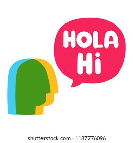 Hola, hi. Bilingual translation concept. Vector business illustration on white background.