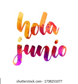 Hola Junio (Hello June in Spanish) -  handwritten modern calligraphy watercolor lettering. Summer concept illustration.