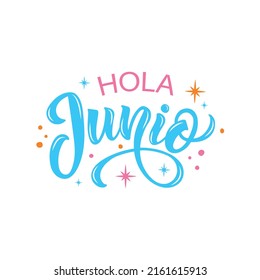 Hola Junio (Hello June in Spanish) - handwritten text, modern brush calligraphy, lettering typography. Summer postcard, invitation, logo, icon, flyer. Vector illustration isolated on white background.