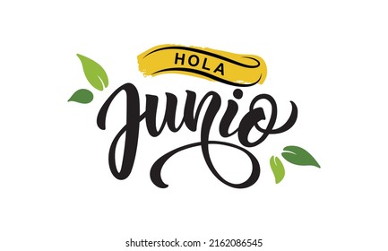 Hola Junio (Hello June in Spanish) handwritten text, modern brush calligraphy, lettering typography. Summer postcard, invitation, flyer, poster, logo. Vector illustration isolated on white background