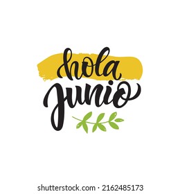 Hola Junio (Hello June in Spanish) handwritten text, modern brush calligraphy, lettering typography. Summer postcard, invitation, flyer, poster, logo. Vector illustration isolated on white background