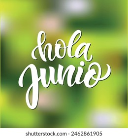 Hola Junio (Hello June in Spanish) handwritten text, modern brush calligraphy, lettering typography. Summer postcard, invitation, flyer, poster, logo. Vector illustration on green blurred background