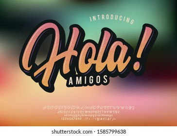 Hola. Lettering print on sticker or clothes. Script font. Vector illustration.