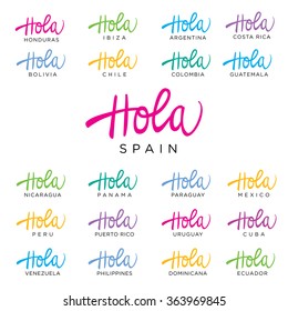 Hola Lettering Word for a tourist greeting card for many countries