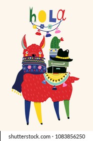 Hola llama. Cute vector illustration