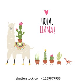 Hola , Llama. Vector illustration, cute llama and cactuses 