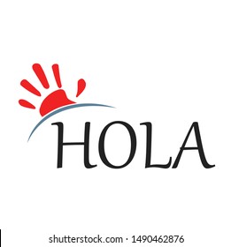 hola logo with a hand illustration waving from behind it