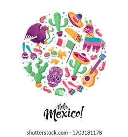 Hola Mexico greeting card in circle shape. Mexican culture attributes collection. Cinco de Mayo poster with guitar, sombrero, maracas, cactus and jalapeno isolated on white background.