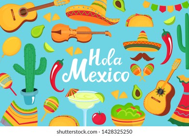 Hola Mexico hand drawn lettering. Decorative poster, banner, flyer, greeting card, advertising for the national Mexican holiday. Musical instruments, local food, clothing.