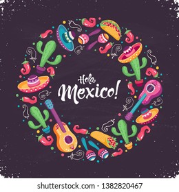 Hola Mexico (Hello Mexico) poster  in circle shape. Mexican culture attributes collection. Guitar, sombrero, maracas, cactus and jalapeno isolated on light background. 