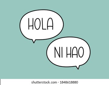 Hola ni hao hello in chinese and spanish inscription. Handwritten lettering illustration. Black vector text in speech bubble. Simple outline marker style. Imitation of conversation.