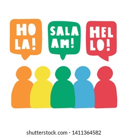 Hola, salaam, hello. Bilingual, translation concept. Vector hand drawn, lettering illustration on white background.