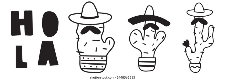 Hola. Set of funny cacti with mustaches. Isolated icons. Outline vector illustration on white background.