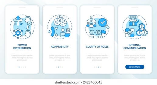 Holacracy benefits blue onboarding mobile app screen. Distribute roles walkthrough 4 steps editable graphic instructions with linear concepts. UI, UX, GUI template. Myriad Pro-Bold, Regular fonts used