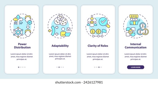 Holacracy benefits onboarding mobile app screen. Distribute authority walkthrough 4 steps editable graphic instructions with linear concepts. UI, UX, GUI template. Myriad Pro-Bold, Regular fonts used