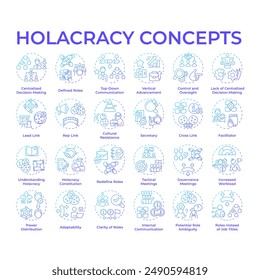 Holacracy blue gradient concept icons. Autonomous governance. Self-management. Defined roles. Power distribution. Team work. Icon pack. Vector images. Round shape illustrations. Abstract idea