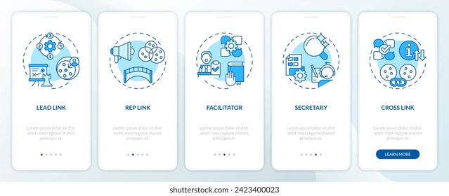 Holacracy core roles blue onboarding mobile app screen. Structure walkthrough 5 steps editable graphic instructions with linear concepts. UI, UX, GUI template. Myriad Pro-Bold, Regular fonts used
