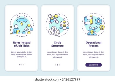 Holacracy essential elements onboarding mobile app screen. Governance walkthrough 3 steps editable graphic instructions with linear concepts. UI, UX, GUI template. Myriad Pro-Bold, Regular fonts used