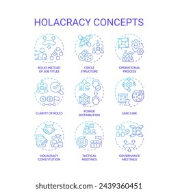 Holacracy structure blue gradient concept icons. Power distribution. Operational process, meetings. Icon pack. Vector images. Round shape illustrations for promotional material. Abstract idea