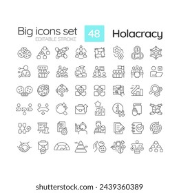 Holacracy structure linear icons set. Power distribution. Operational process. Governance meetings. Customizable thin line symbols. Isolated vector outline illustrations. Editable stroke