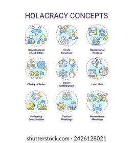 Holacracy structure multi color concept icons. Power distribution. Operational process. Governance meetings. Icon pack. Vector images. Round shape illustrations for promotional material. Abstract idea