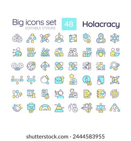 Holacratic organization blue RGB color icons set. Distributed authority. Team centric structure. Isolated vector illustrations. Simple filled line drawings collection. Editable stroke