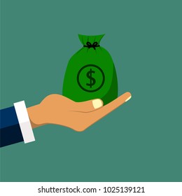 hold bag of dollars. a man's hand hold a bag of dollars to buy something that are the expensive things. isolated on dark greeen-blue background flat design vector illustration