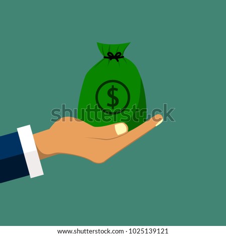 hold bag of dollars. a man's hand hold a bag of dollars to buy something that are the expensive things. isolated on dark greeen-blue background flat design vector illustration