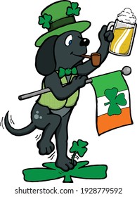 Hold up a beer with this dog on St. Patrick's day. Sporting a green top hat, this gray dog knows how to celerbate Saint Patty's day. With a delicious beer. 