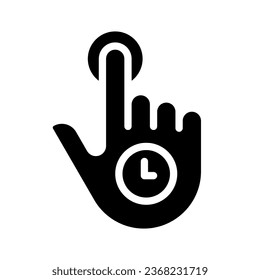 Hold black glyph icon. Long press. Touchscreen control gesture. Smartphone navigation. Show more options. Silhouette symbol on white space. Solid pictogram. Vector isolated illustration