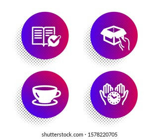 Hold box, Approved documentation and Espresso icons simple set. Halftone dots button. Safe time sign. Delivery parcel, Instruction book, Coffee cup. Hold clock. Business set. Vector