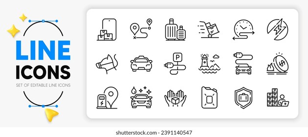 Hold box, Electric energy and Car wash line icons set for app include Baggage, Taxi, Canister oil outline thin icon. Dog leash, Time schedule, Luggage protect pictogram icon. Journey. Vector