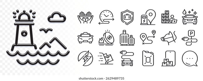 Hold box, Electric energy and Car wash line icons for web app. Glare of light effect. Message icon. Pack of Baggage, Taxi, Canister oil pictogram icons. Vector