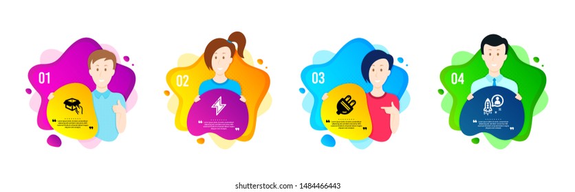 Hold box, Electric plug and Energy icons simple set. People shapes timeline. Startup sign. Delivery parcel, Energy, Thunderbolt. Developer. Technology set. Dynamic shape offer. Vector