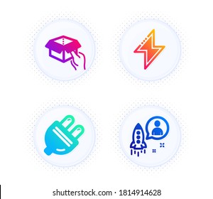 Caja de espera, enchufe eléctrico e iconos de energía simple conjunto. Botón con puntos de semitono. Firma de inicio. Parcela de entrega, Energía, Tornillo. Desarrollador. Conjunto de tecnología. Icono de la caja de retención plana de degradado. Vector