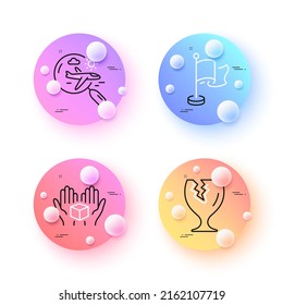 Cuadro de espera, Indicador y Paquete Frágil iconos de línea mínima. botones de esferas o bolas 3d. Buscar iconos de vuelo. Para web, aplicación, impresión. Parcela de entrega, indicador de éxito, Envío seguro. Vector