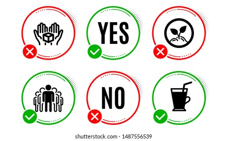 Hold box, Group and Startup icons simple set. Yes no check box. Coffee cup sign. Delivery parcel, Managers, Launch project. Latte drink. Business set. Hold box icon. Check mark. Vector