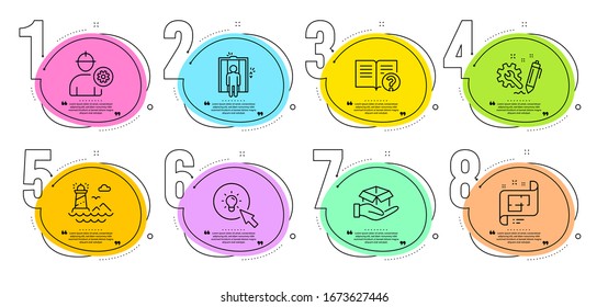 Hold box, Help and Elevator signs. Timeline steps infographic. Energy, Engineering and Lighthouse line icons set. Architectural plan, Engineer symbols. Turn on the light, Construction. Vector
